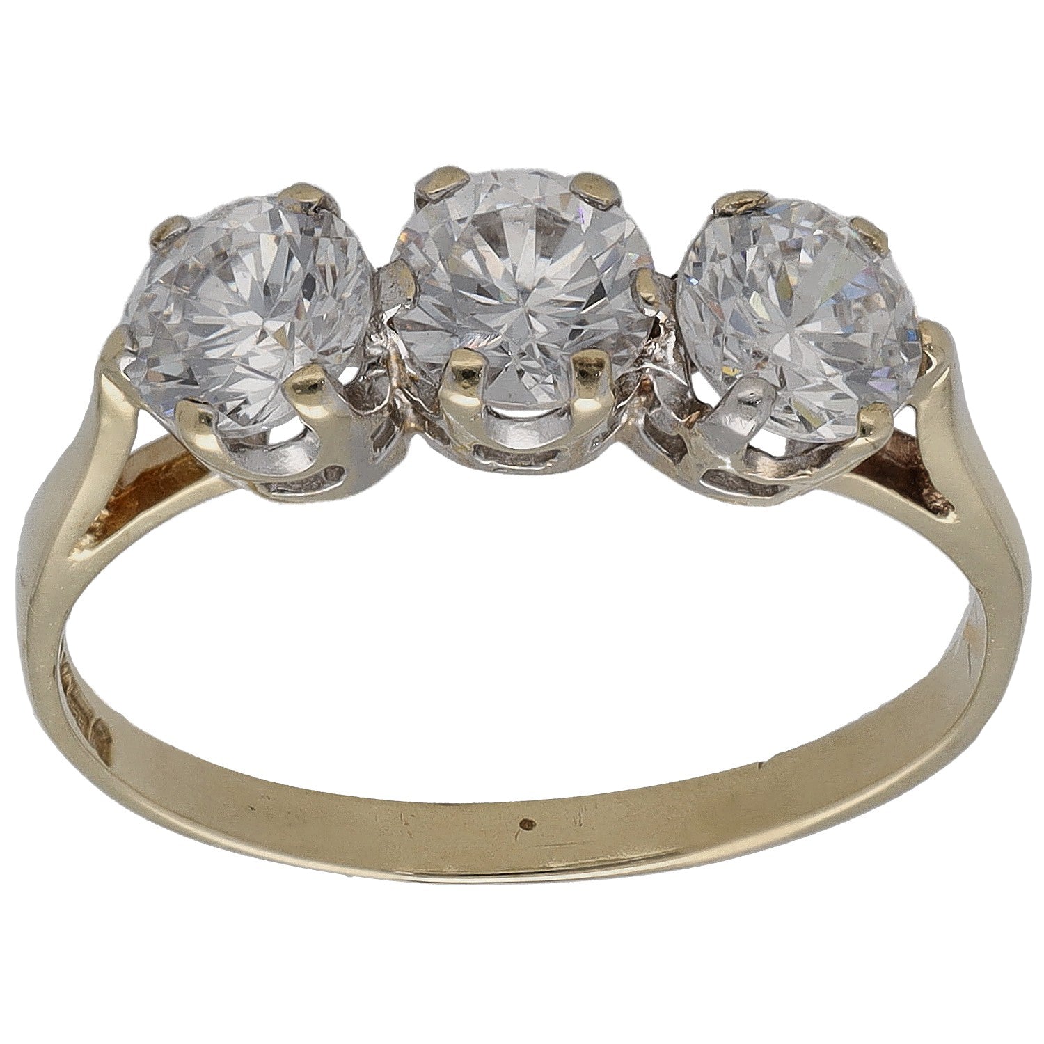 9ct gold three-stone CZ ring with three round stones