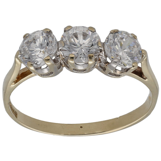 9ct gold three-stone CZ ring with three round stones