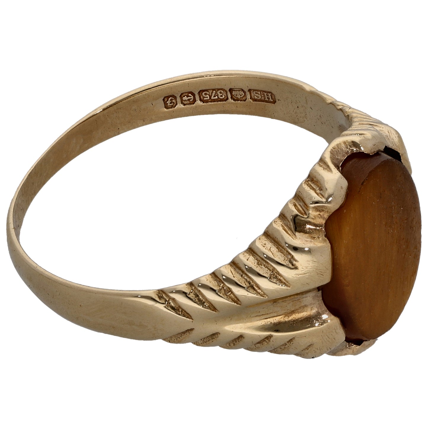 9ct Gold Tiger's Eye Patterned Single Stone Signet Ring Size V