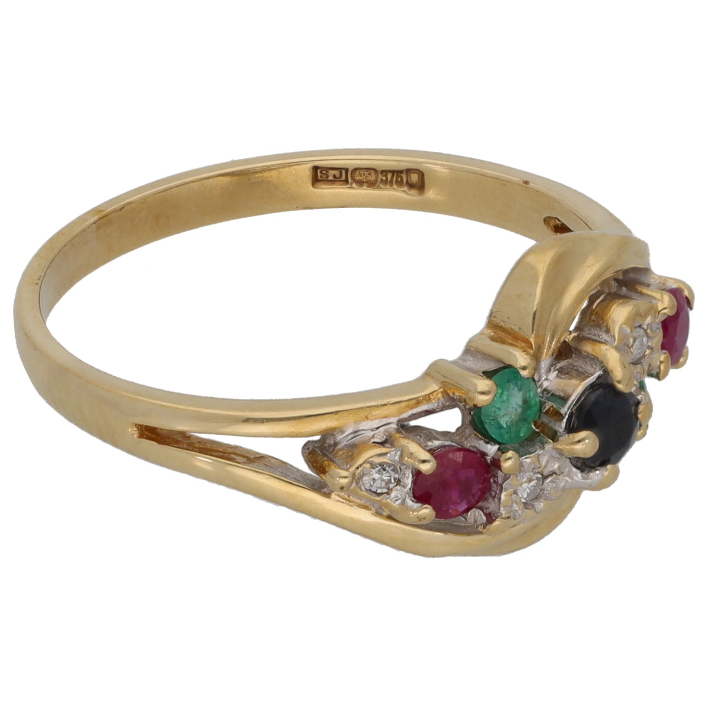 9ct Gold 0.02ct Diamond, Sapphire, Emerald & Ruby Dress/Cocktail Ring Size O