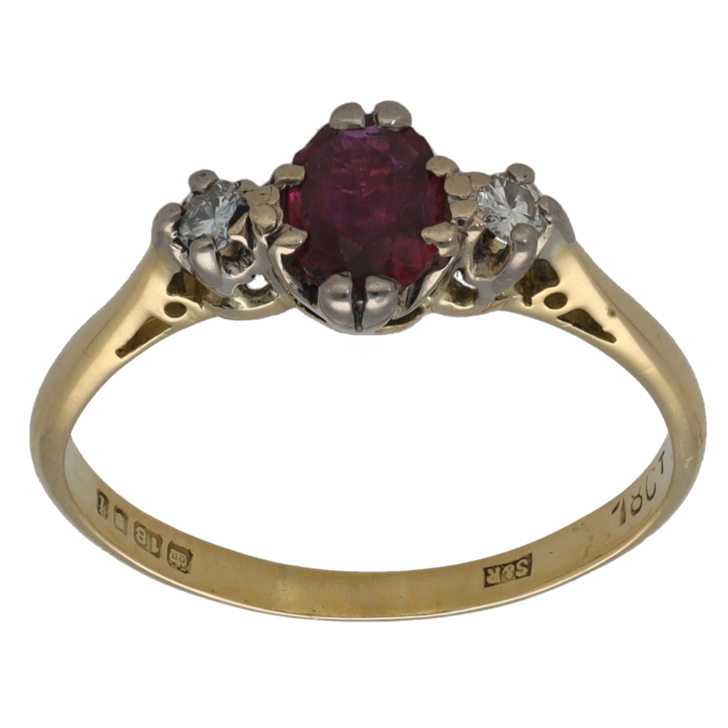 18ct Gold Ruby & 0.06ct Diamond Trilogy Ring Size M