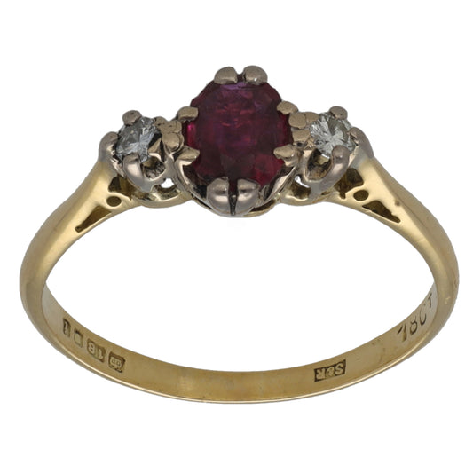 18ct Gold Ruby & 0.06ct Diamond Trilogy Ring Size M