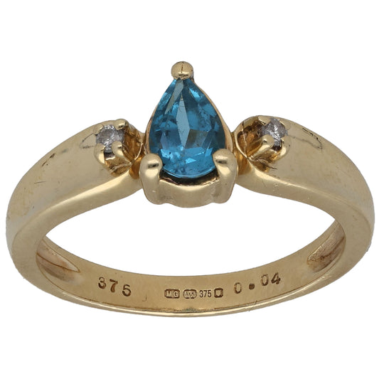 9ct Gold Topaz & 0.02ct Round Diamond Single Stone Ring With Accents Size N