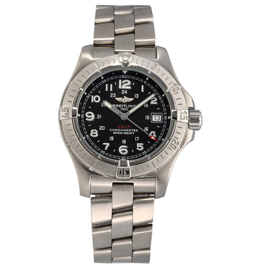Breitling Colt A74380 Stainless steel wristwatch with black dial, date window, and metal link bracelet.