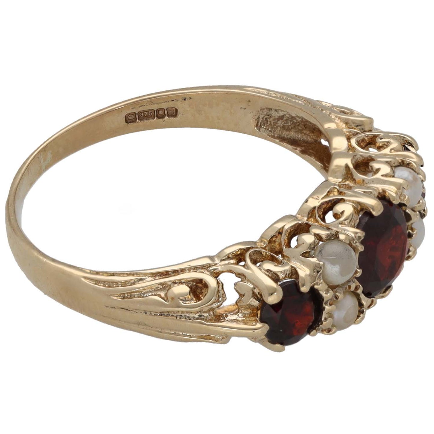 9ct gold cocktail ring with red garnet stones and white cultured pearl, side view