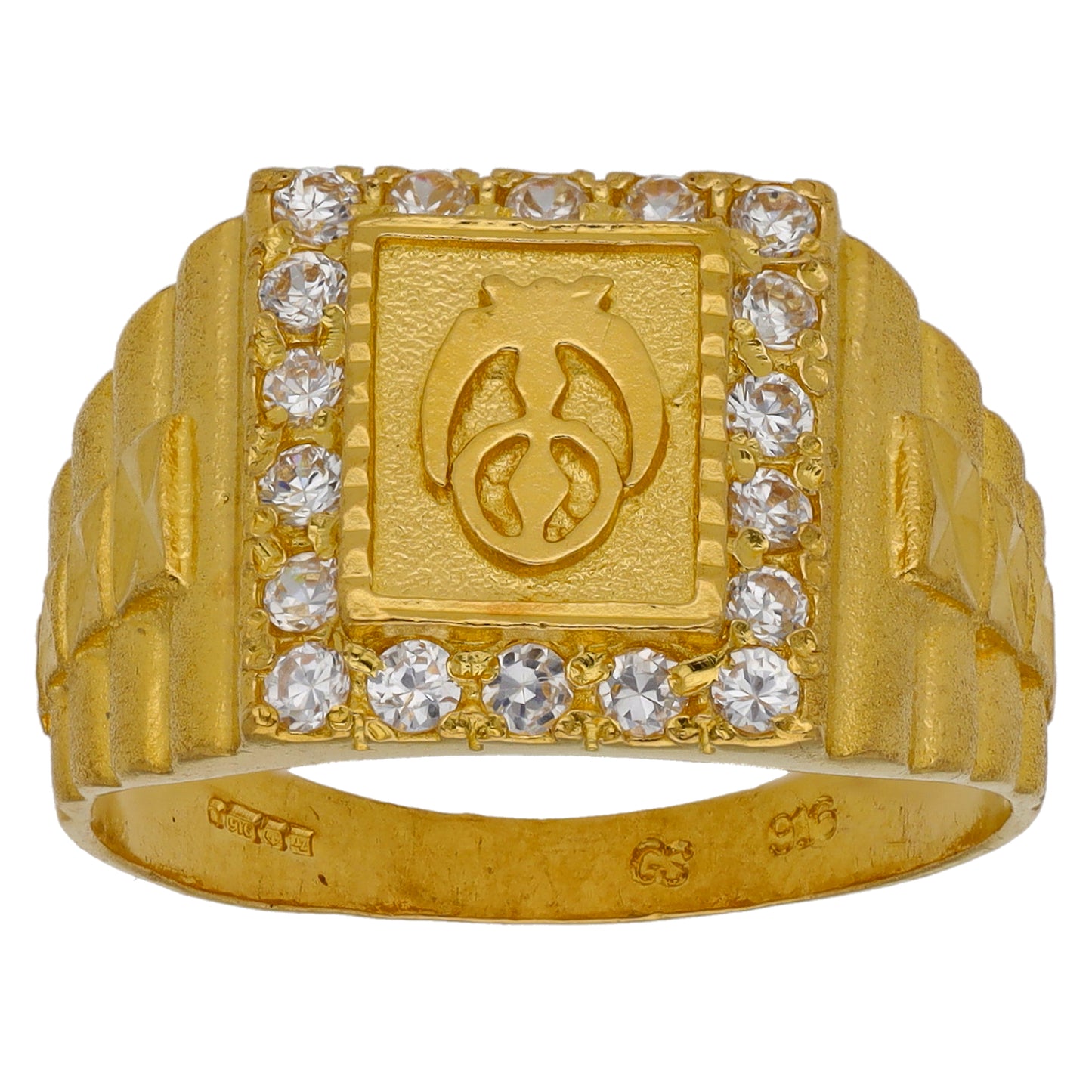 22ct Gold Cubic Zirconia Patterned Signet Ring Size S