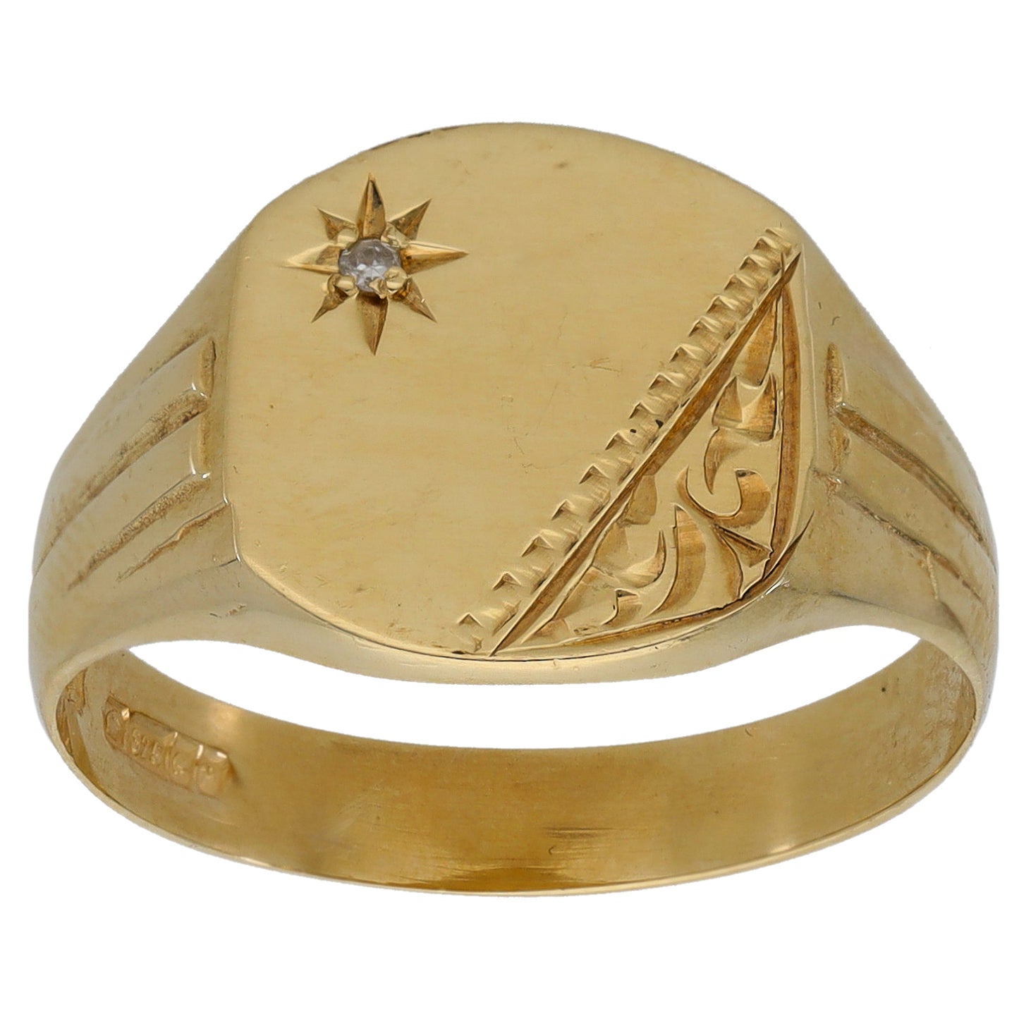 9ct Gold 0.01ct Diamond Patterned Single Stone Signet Ring Size V