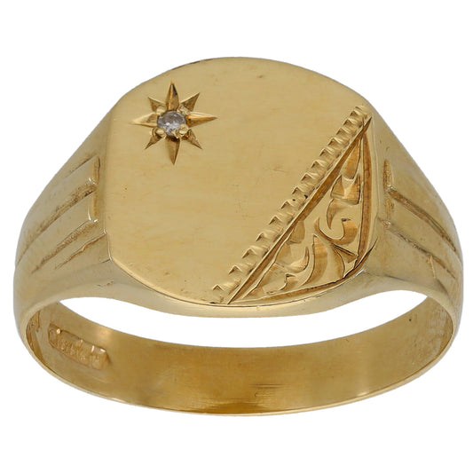 9ct Gold 0.01ct Diamond Patterned Single Stone Signet Ring Size V