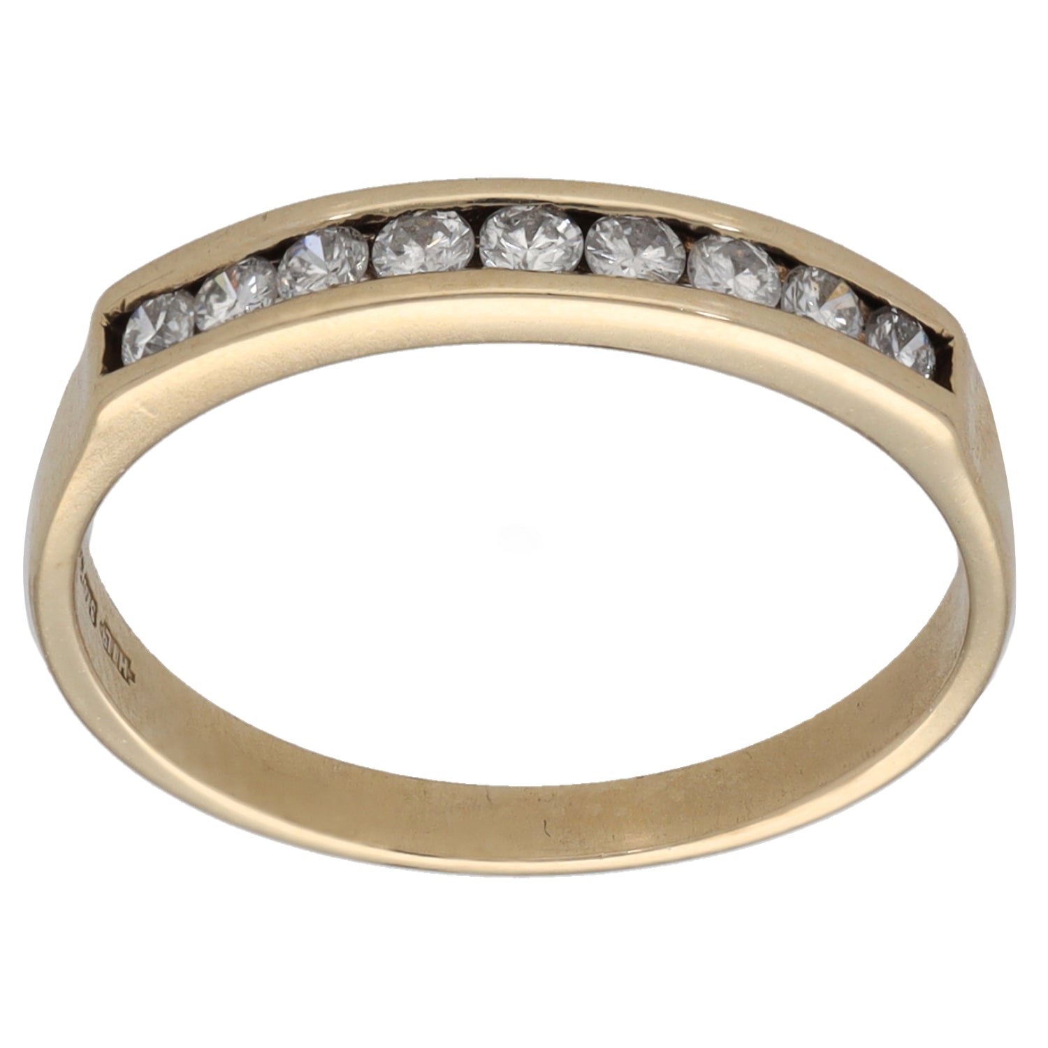 9ct gold half eternity ring with round-cut diamonds along the top band