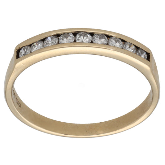 9ct gold half eternity ring with round-cut diamonds along the top band