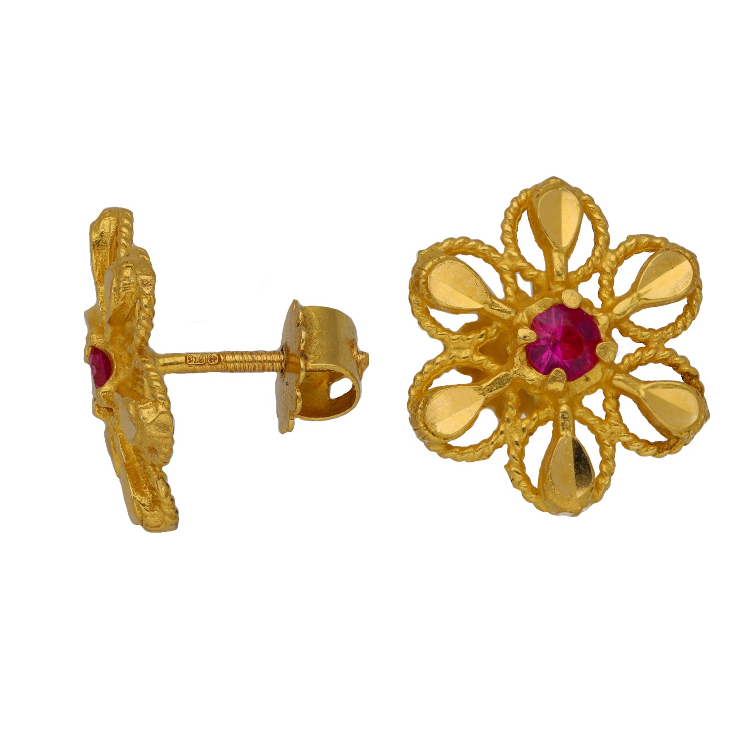 22ct Gold-tone floral cocktail stud earrings with red gem