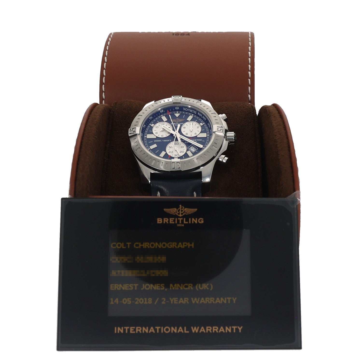 Breitling Colt Chronograph A73388, blue leather bracelet, blue dial with sub dials