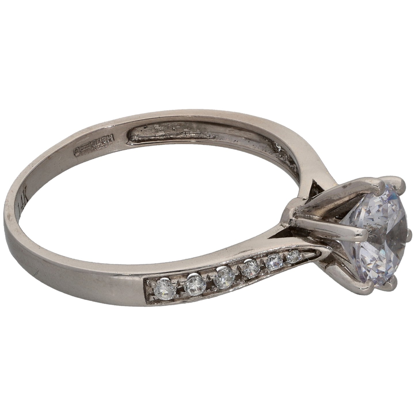 14ct White Gold Cubic Zirconia Solitaire Ring With Accent Stones Size O