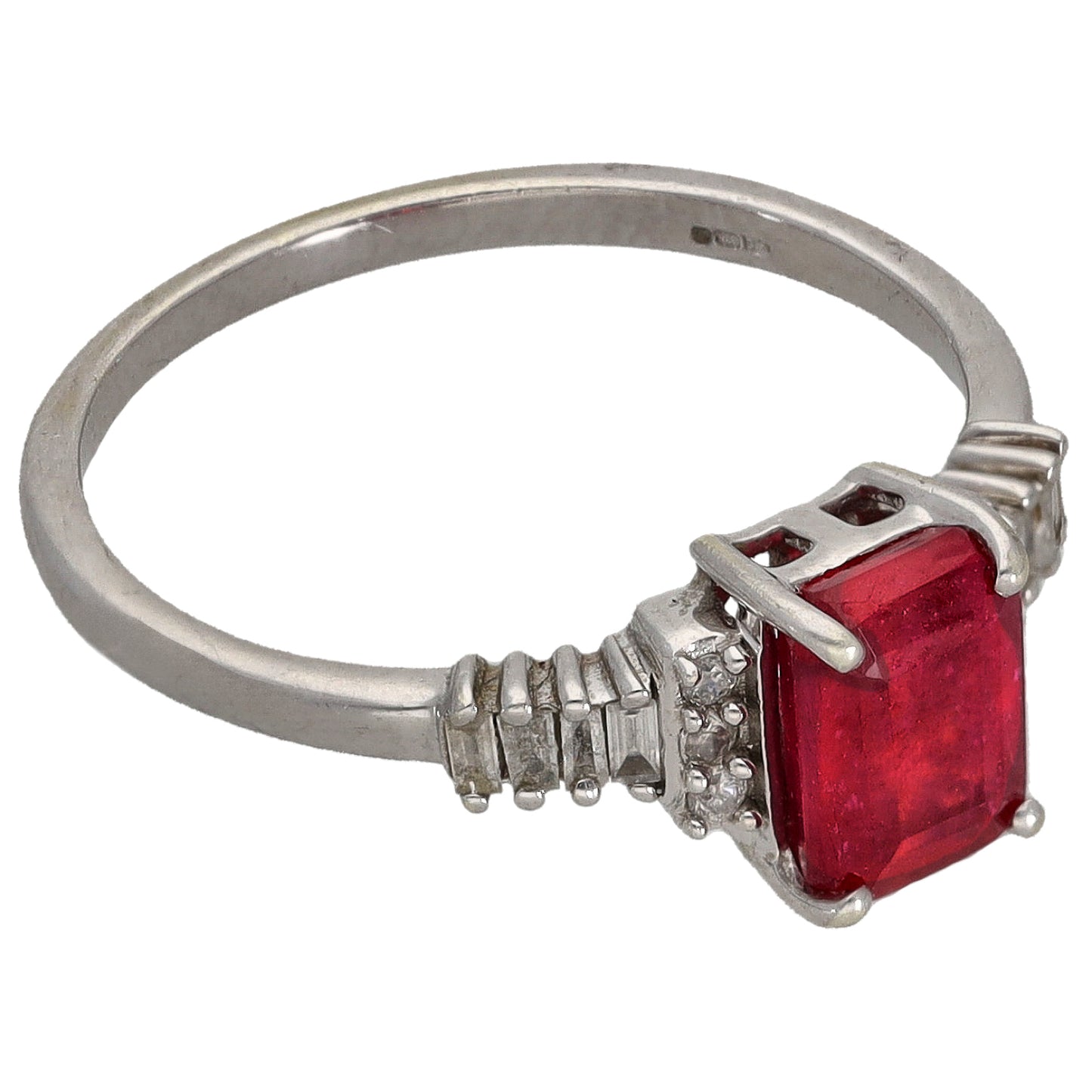 9ct White Gold Ruby & 0.11ct Diamond Single Stone Ring With Accents Size N