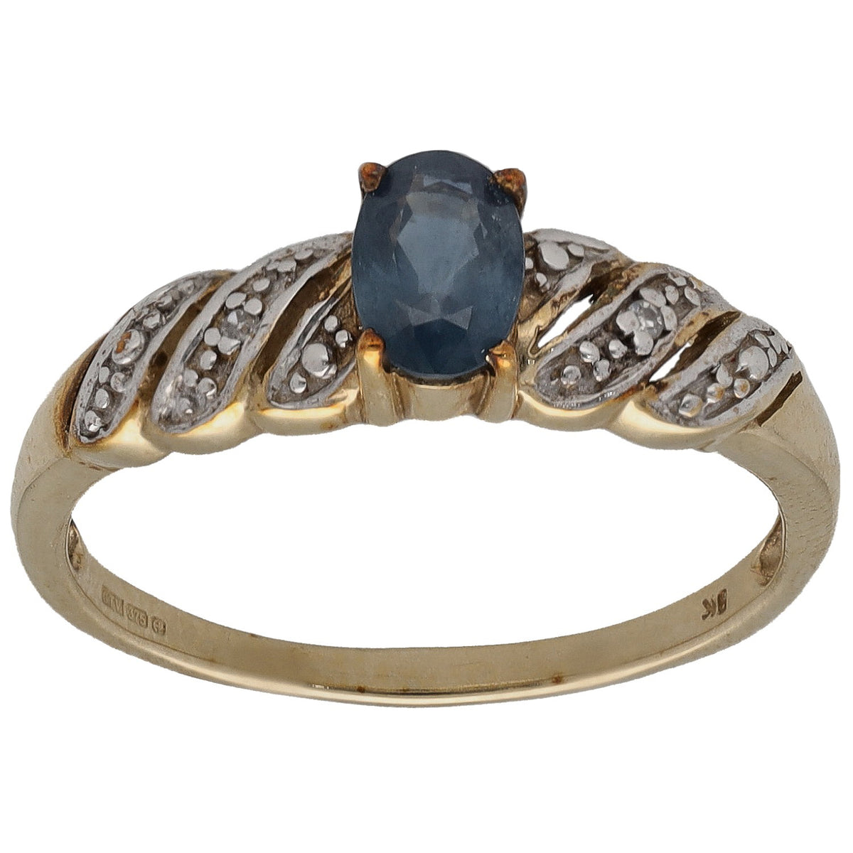 9ct gold sapphire and diamond dress ring with leaf-detail band, size N