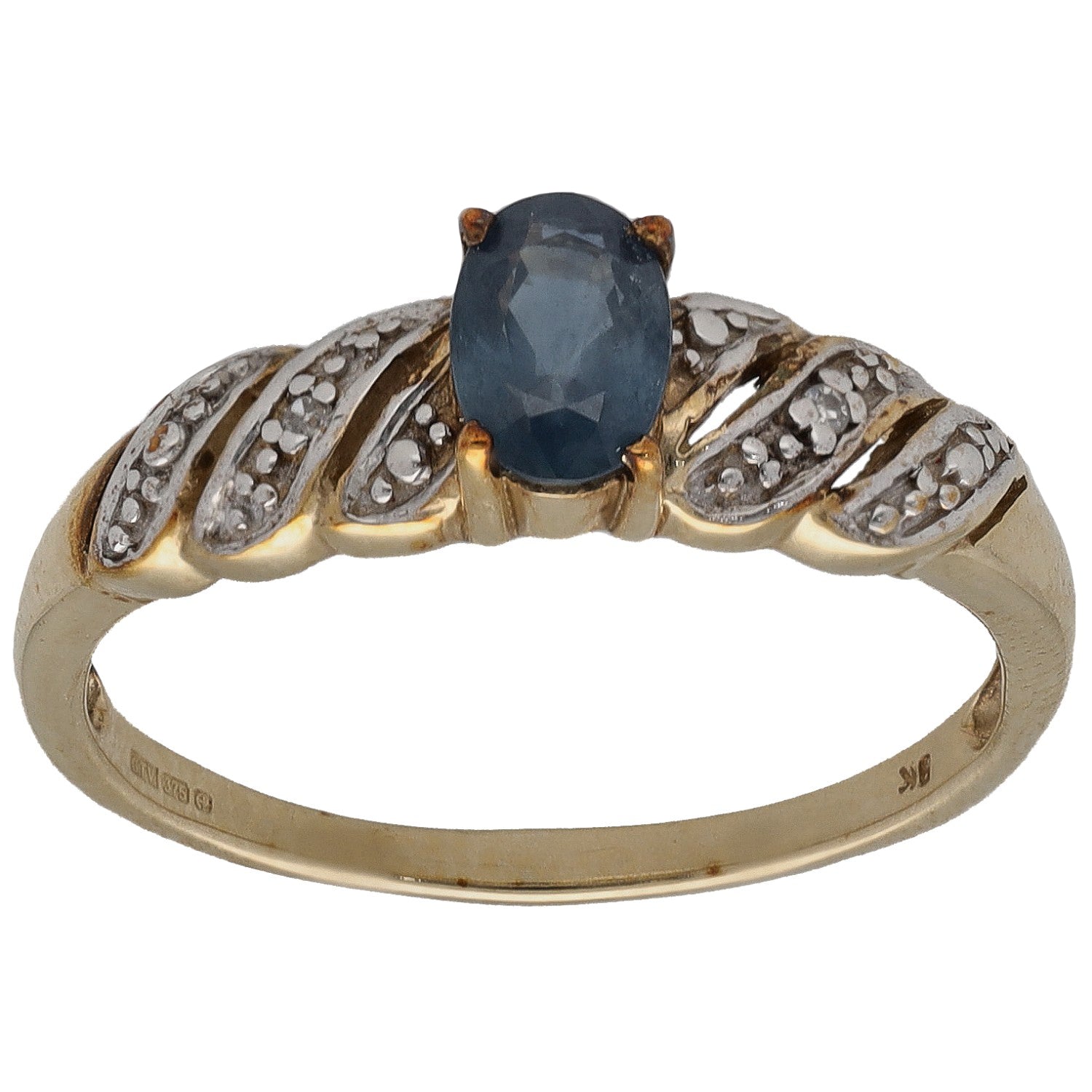 9ct gold sapphire and diamond dress ring with leaf-detail band, size N