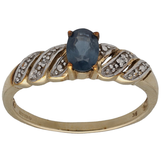 9ct gold sapphire and diamond dress ring with leaf-detail band, size N