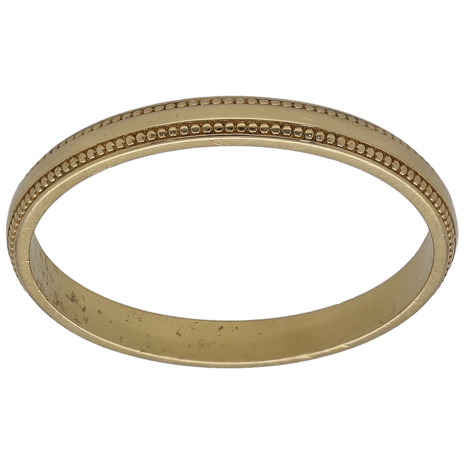 18ct gold plain wedding ring with beaded edge, side view