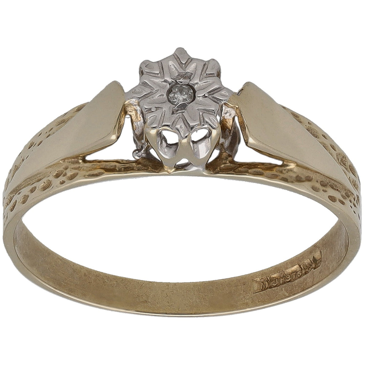 9ct gold solitaire ring with round diamond in claw setting; textured band