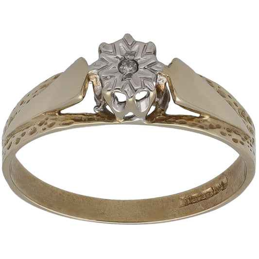 9ct gold solitaire ring with round diamond in claw setting; textured band