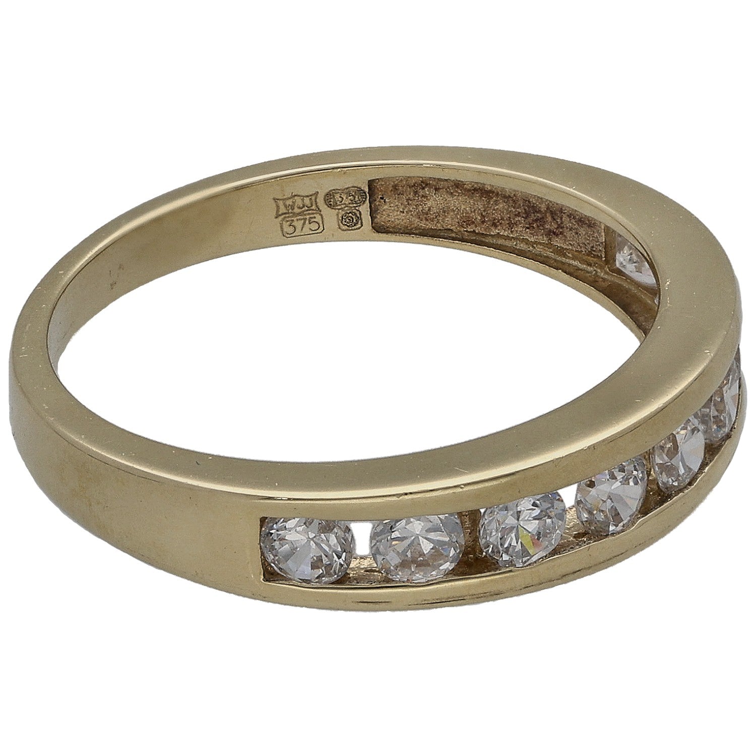 9ct gold half eternity ring with CZ stones along the bottom edge, hallmark inside