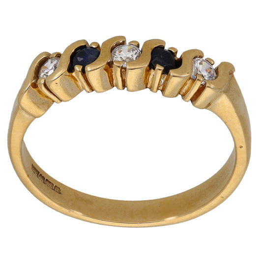 9ct gold half-eternity ring with dark blue sapphire and clear CZ stones