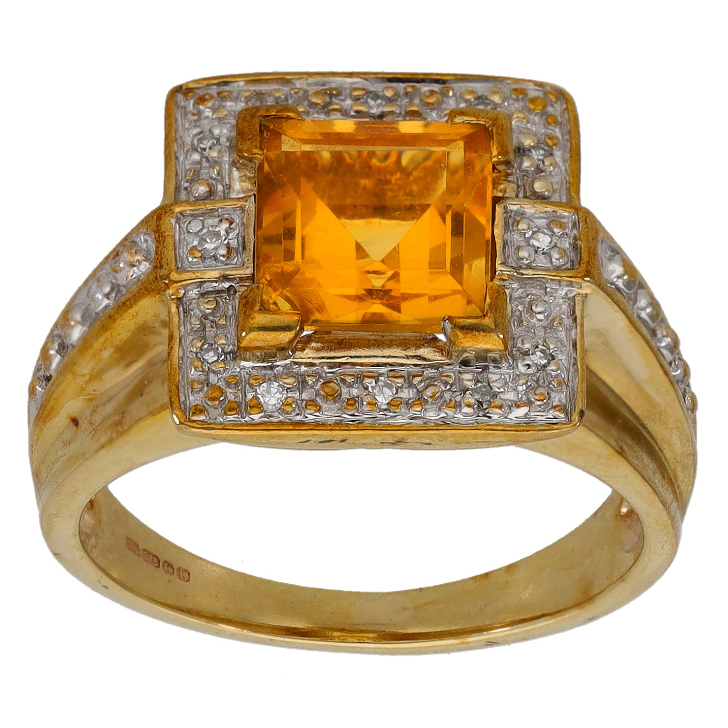 9ct Gold Citrine & 0.06ct Diamond Dress/Cocktail Ring Size K