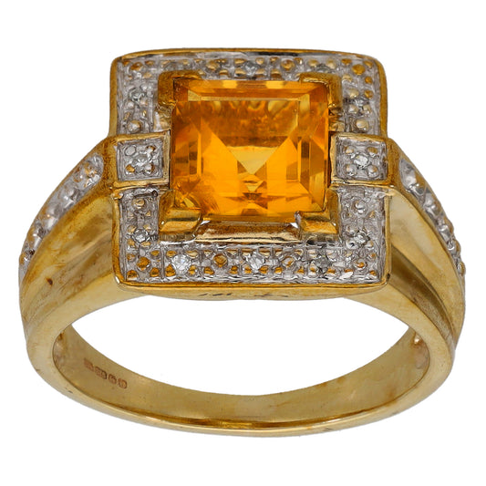 9ct Gold Citrine & 0.06ct Diamond Dress/Cocktail Ring Size K
