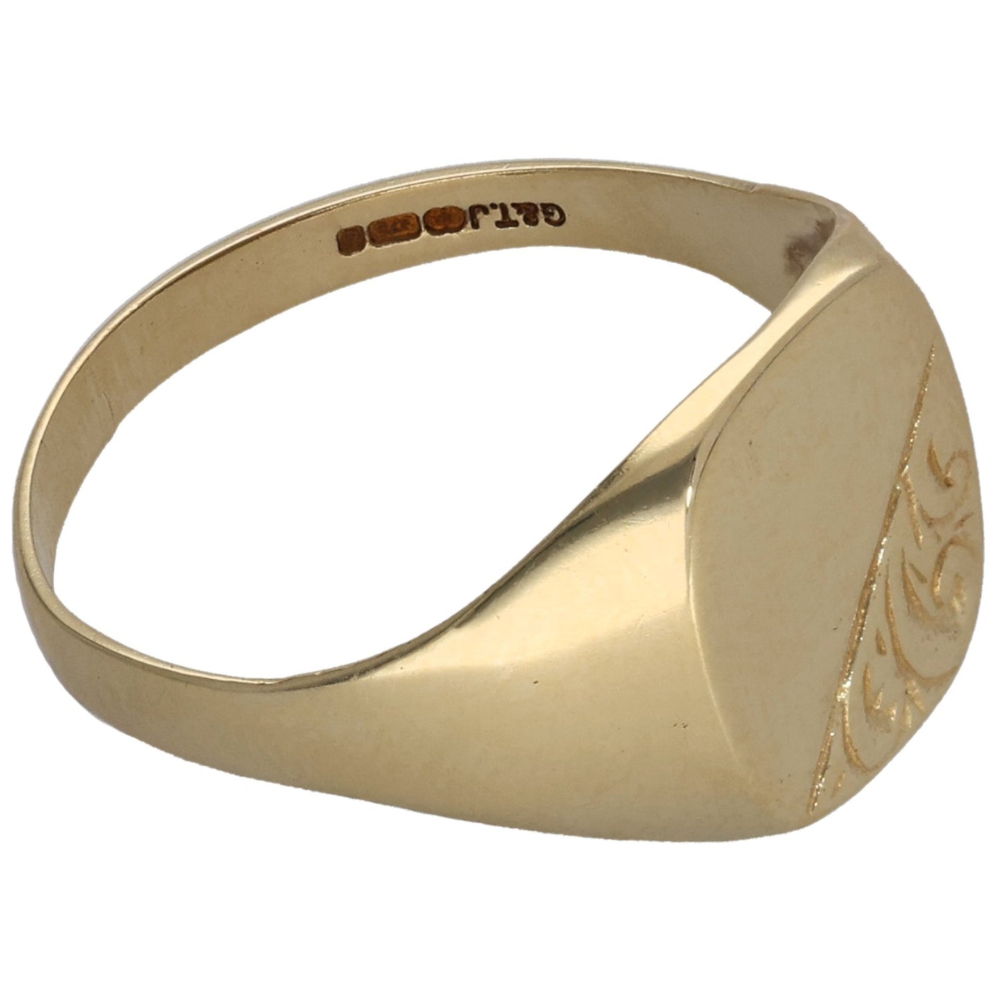 9ct gold signet ring, side view with engraved crest and inside hallmark
