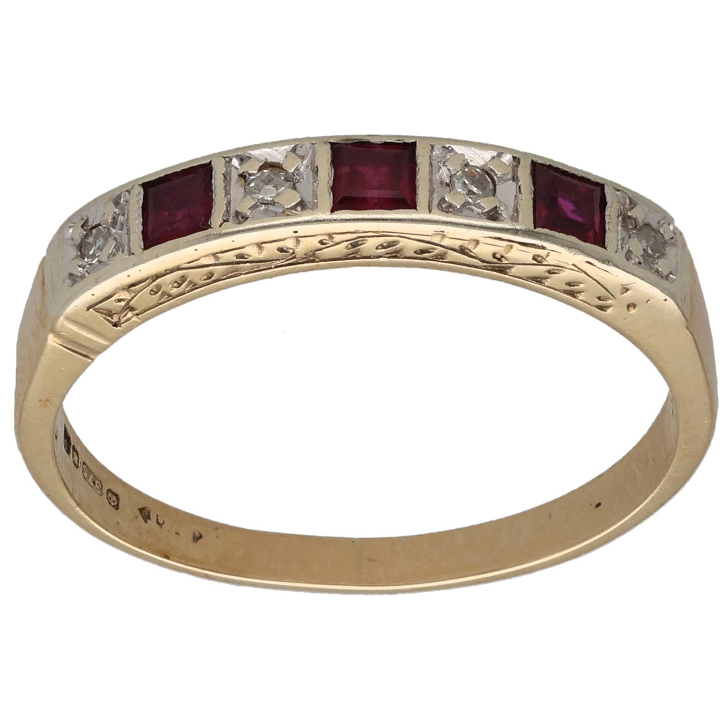9ct Gold Ruby & 0.02ct Diamond Half Eternity Ring Size M