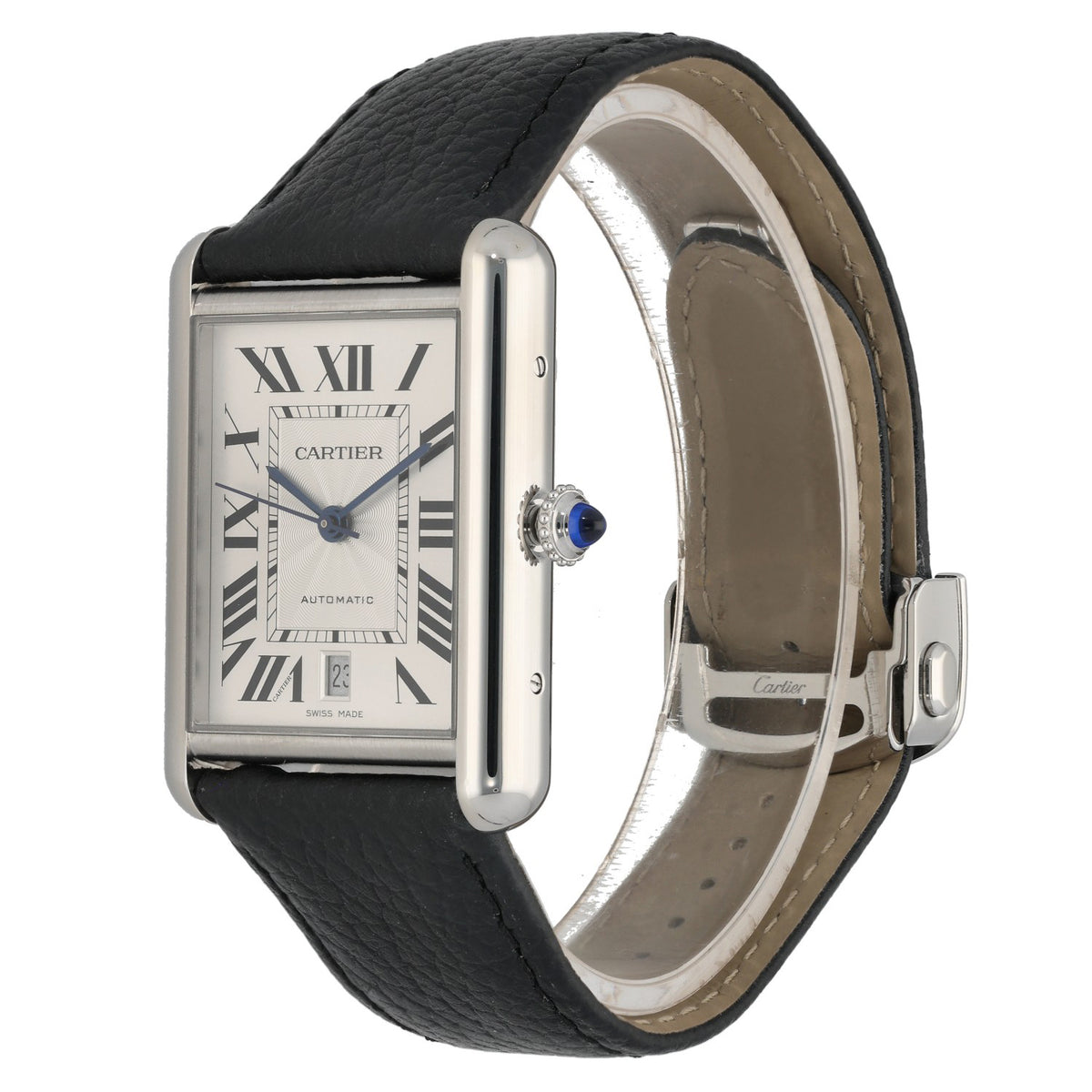 Cartier Tank Solo WSTA0040, white dial, Roman numerals on black leather bracelet, front angle