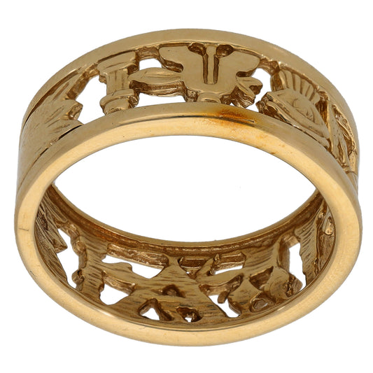 Gold-tone 9ct alternative ring with detailed carved motifs on wide band
