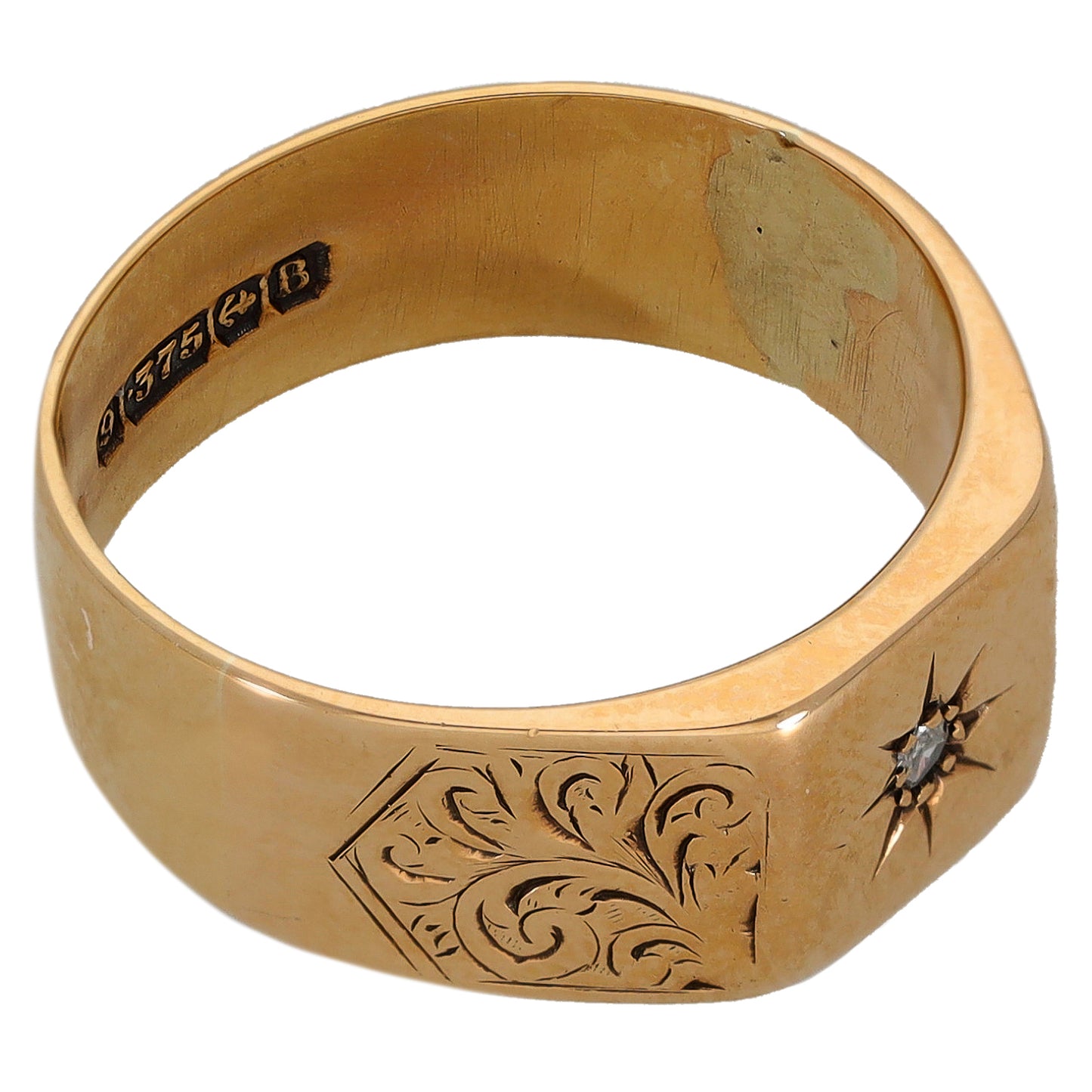 9ct Gold 0.02ct Diamond Single Stone Patterned Signet Ring Size Q