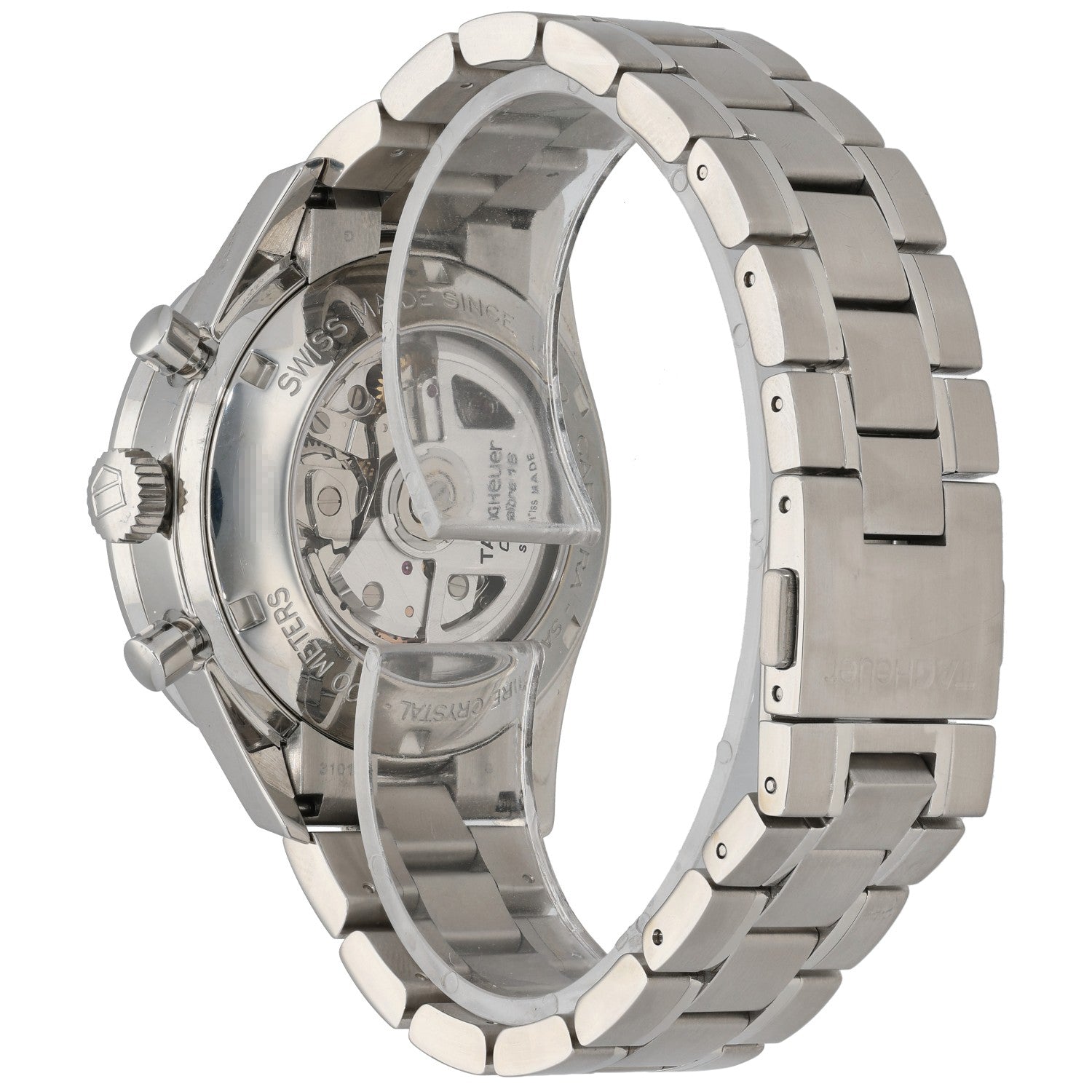 Tag Heuer Carrera CV2014-2 stainless steel watch caseback and bracelet, visible movement