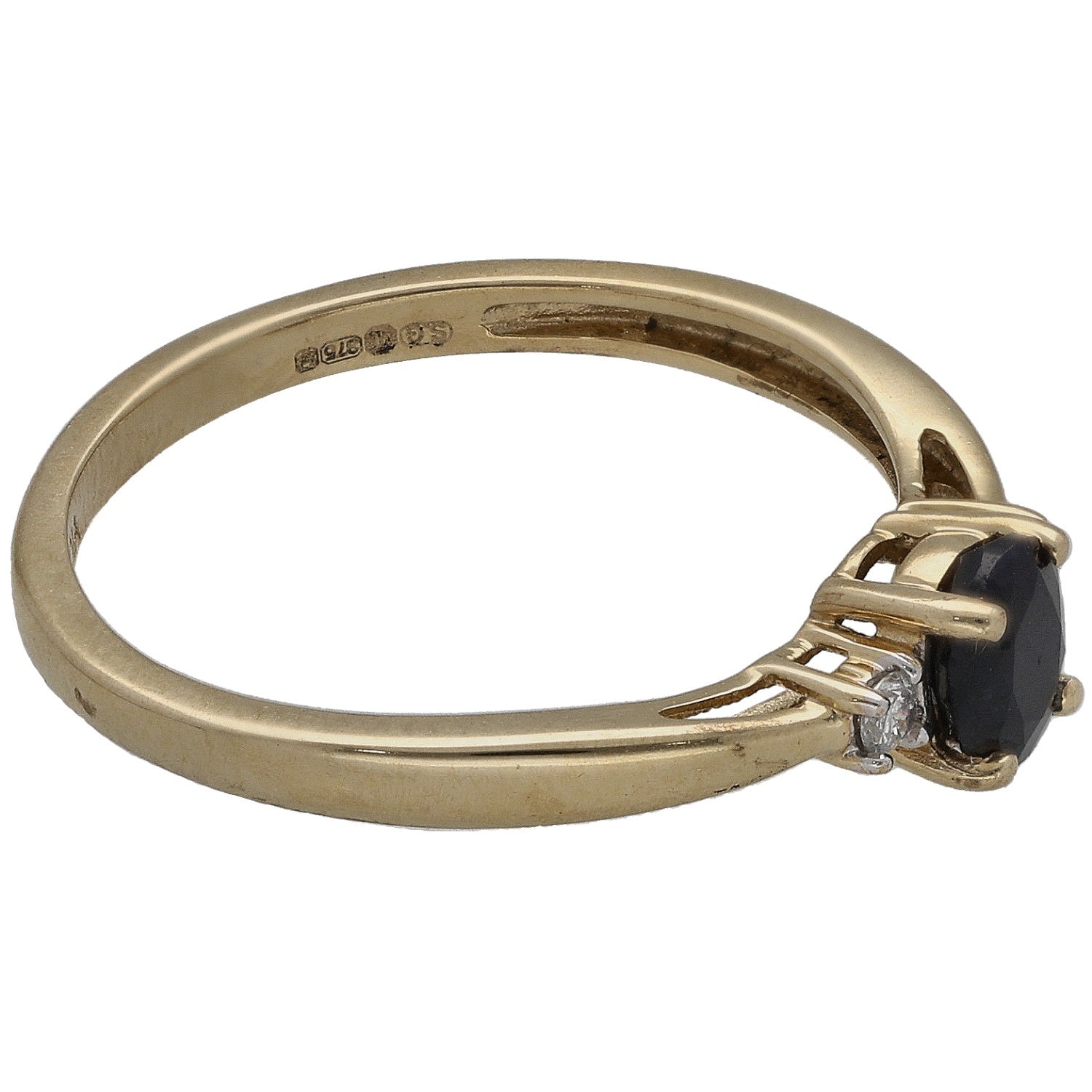 9ct gold three-stone ring side view, dark round sapphire bezel with two round diamonds
