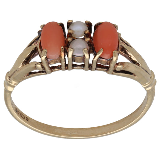 9ct Gold Cultured Pearl & Coral Dress/Cocktail Ring Size M