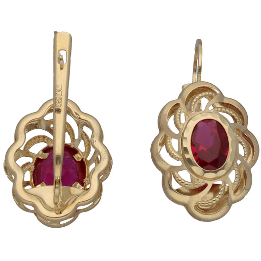 New 14ct Gold Red Imitation Gems Flower Drop Earrings