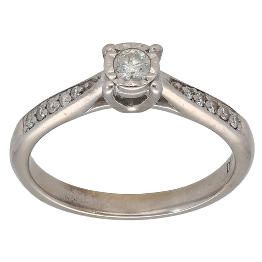 9ct White Gold 0.19ct Diamond Solitaire Ring With Accent Stones Size L