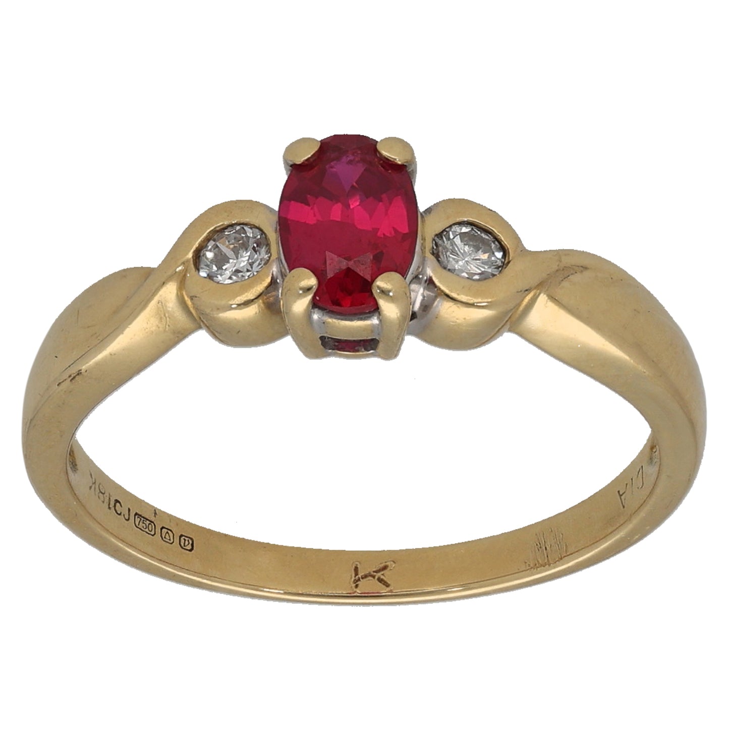 18ct Gold 0.08ct Diamond & Man Made Ruby Trilogy Ring Size N