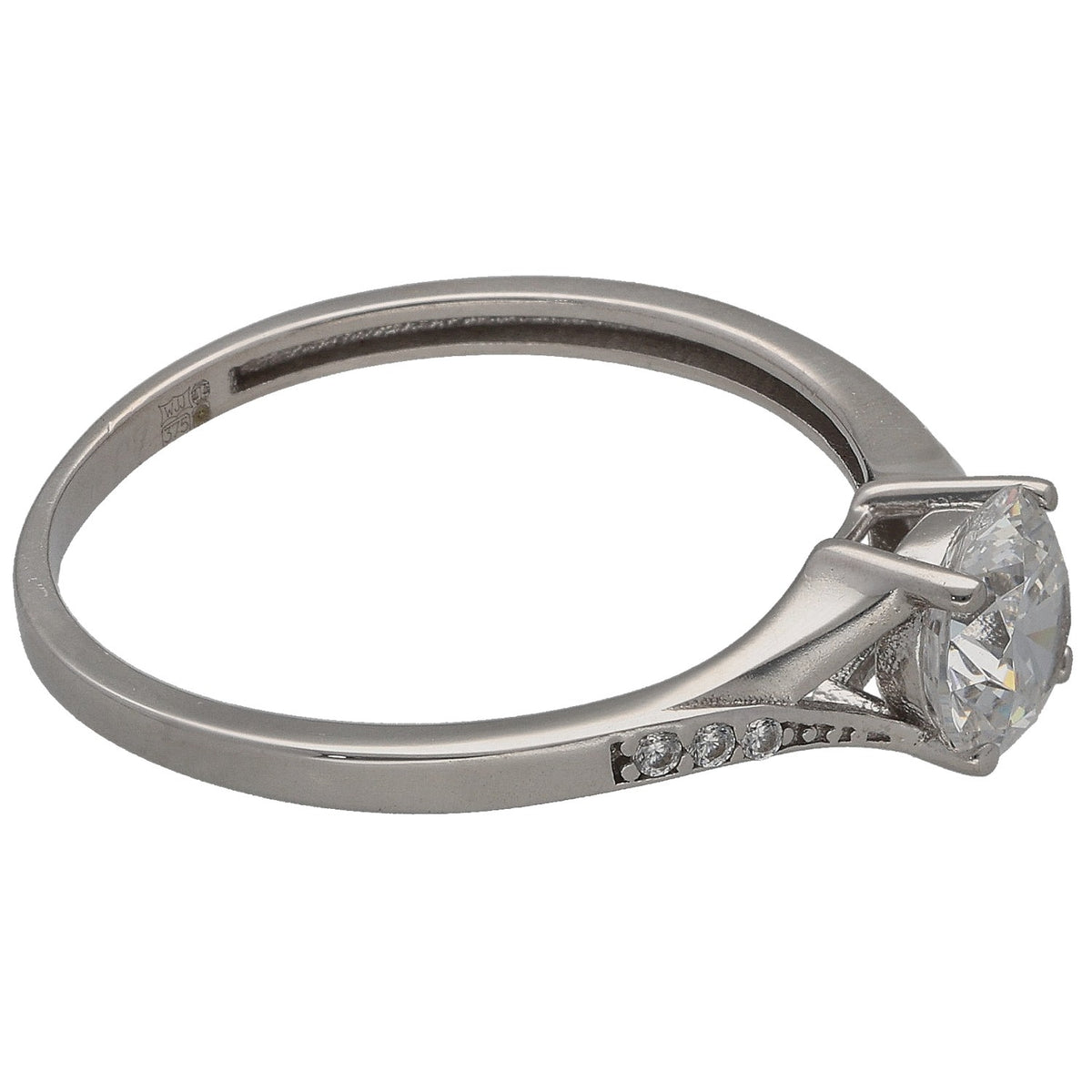 White gold CZ ring with pave side stones and square cushion center stone