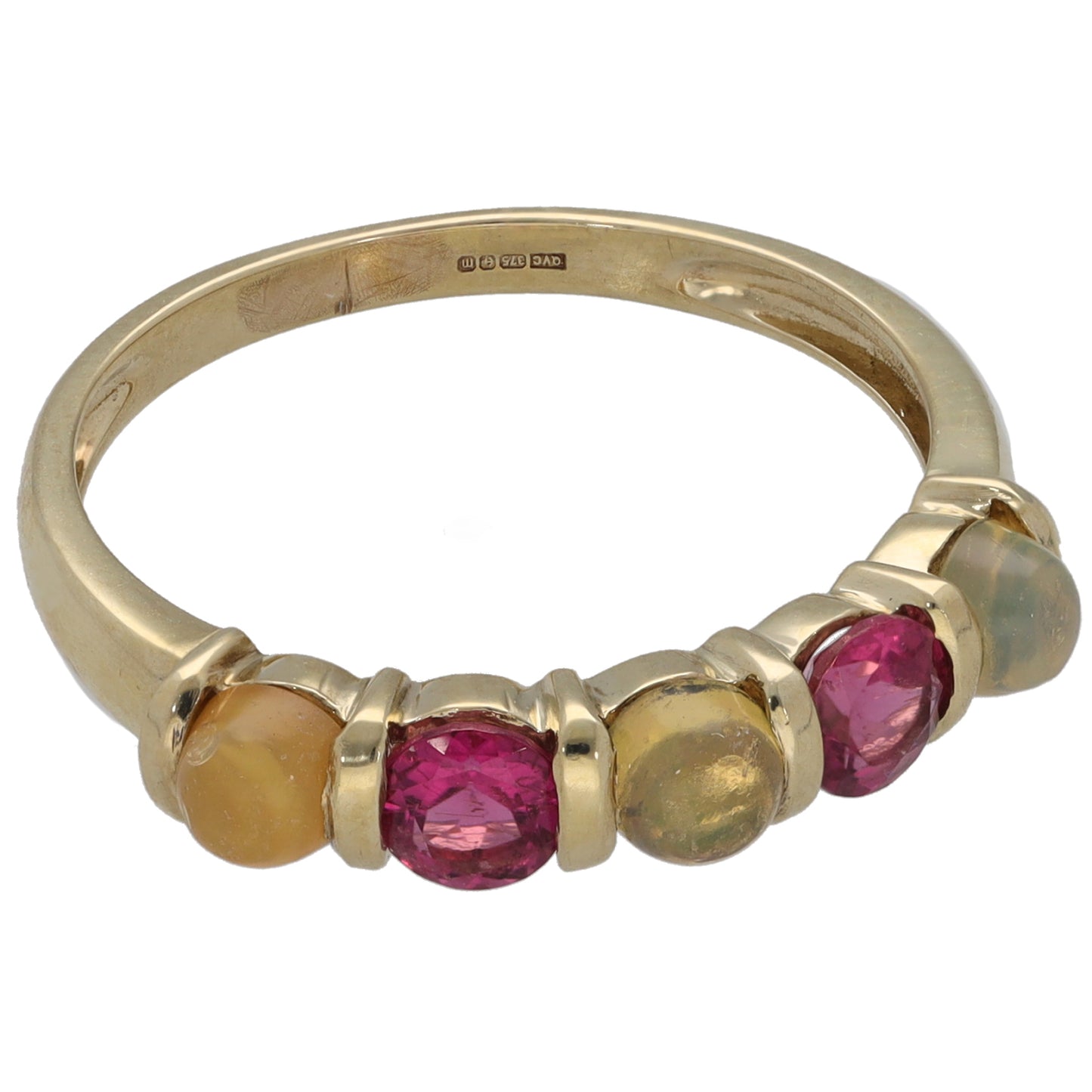 9ct Gold Opal & Tourmaline Half Eternity Ring Size Q