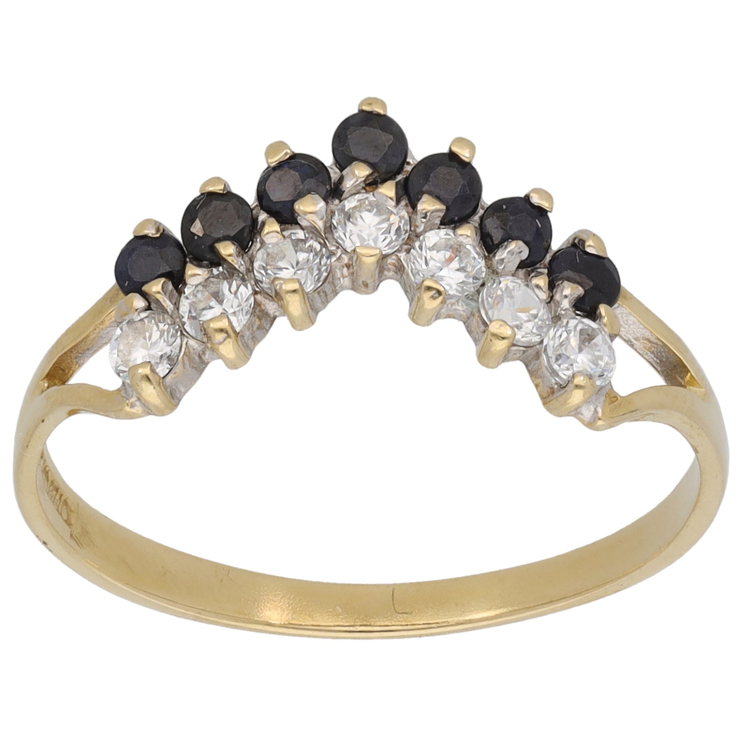 9ct Gold Sapphire & Cubic Zirconia Wishbone Ring Size S
