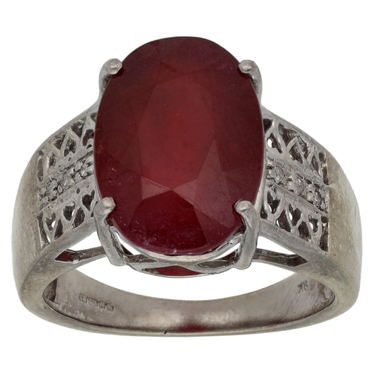 9ct White Gold 0.03ct Diamond & Glass Filled Ruby Dress/Cocktail Ring Size N