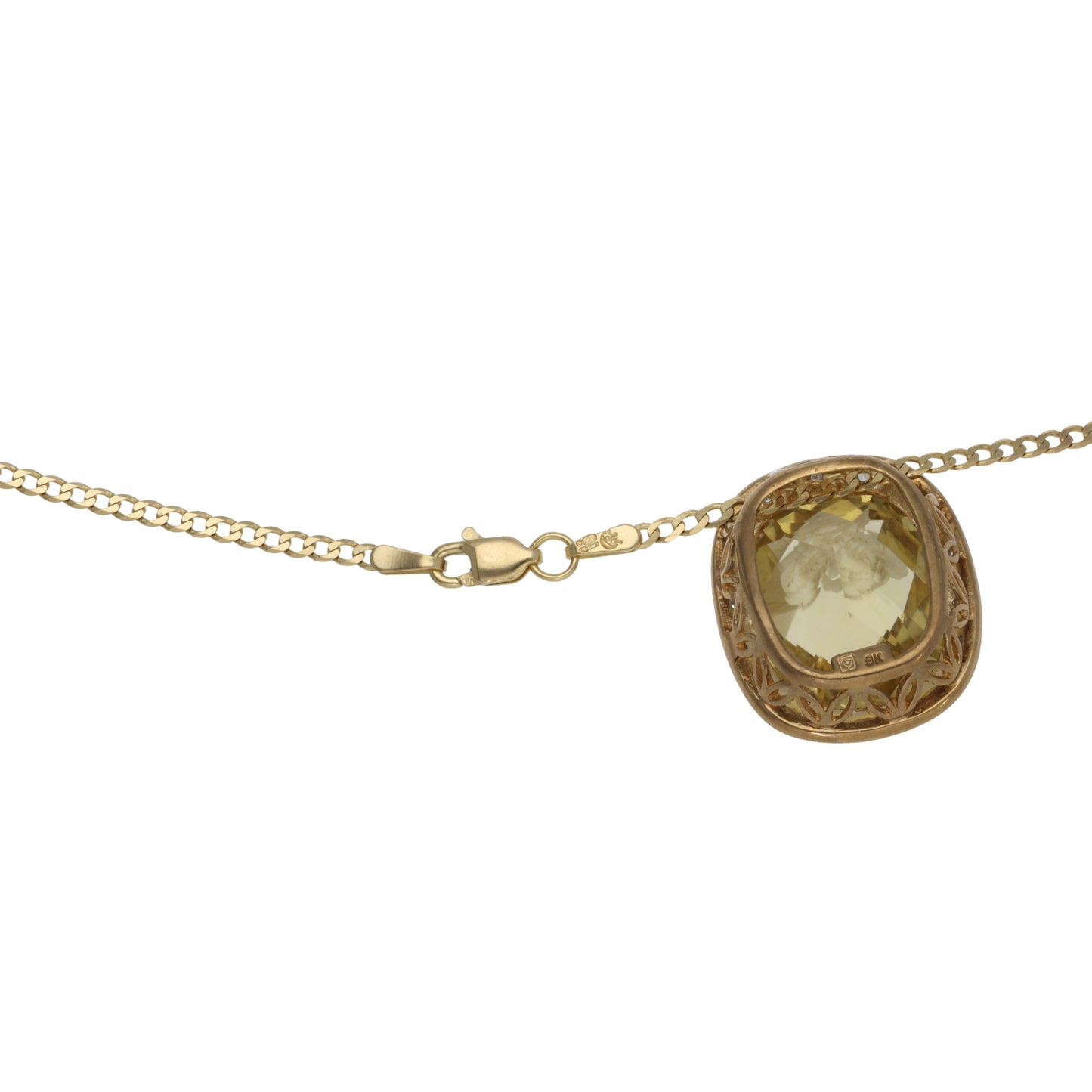 9ct Gold Citrine & 0.09ct Diamond Dress/Cocktail Pendant With Chain