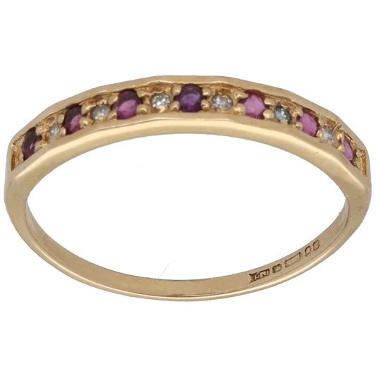 9ct Gold Ruby & 0.03ct Diamond Half Eternity Ring Size Q