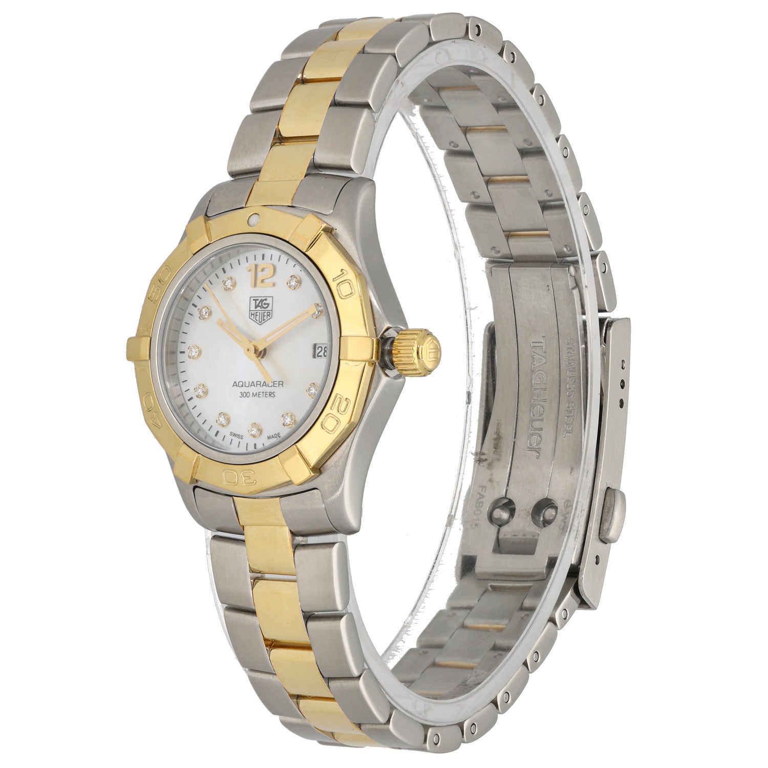 Tag Heuer Aquaracer WAF1425 , white mother of pearl dial, stainless steel and gold, front angle image