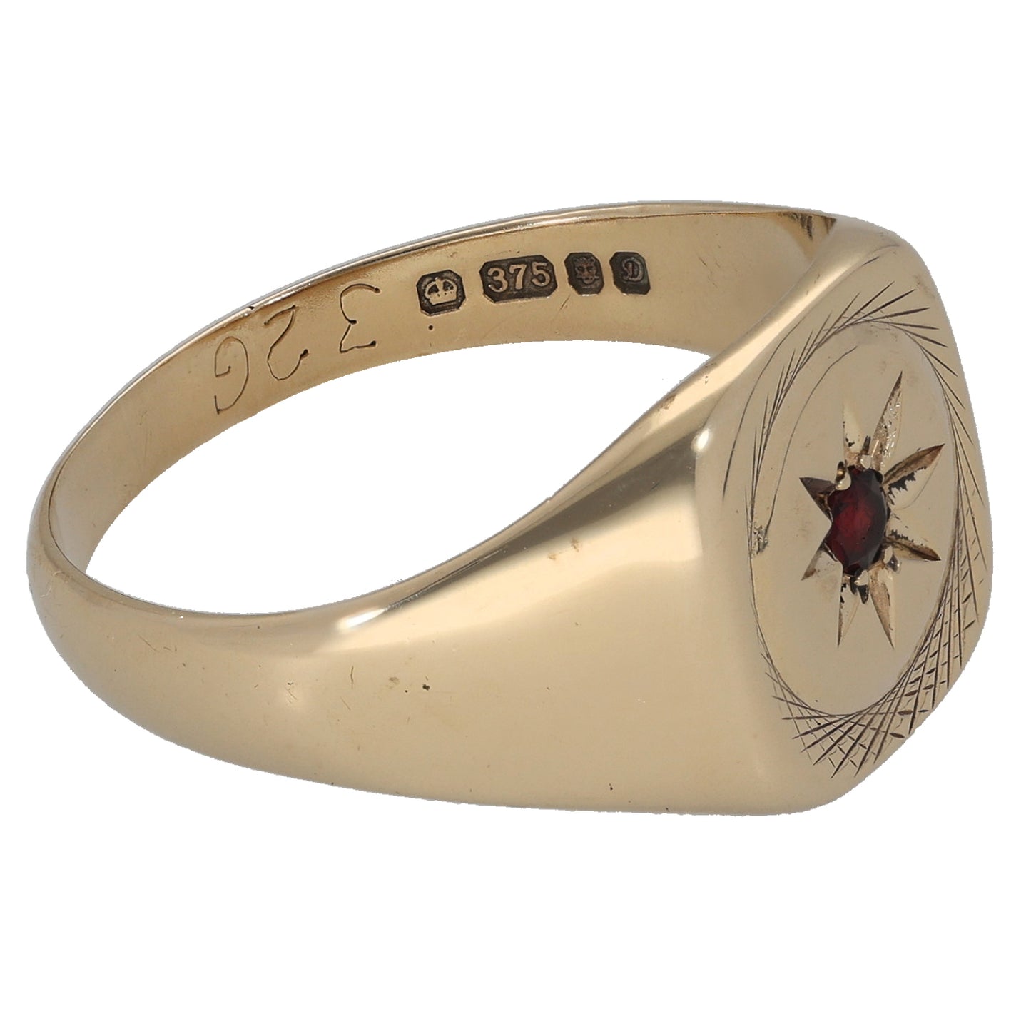 9ct Gold Garnet Patterned Single Stone Signet Ring Size V