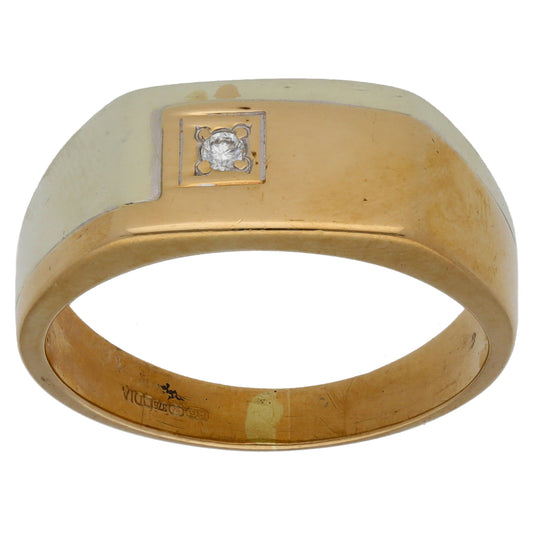 9ct Gold 0.04ct Diamond Patterned Single Stone Signet Ring Size X