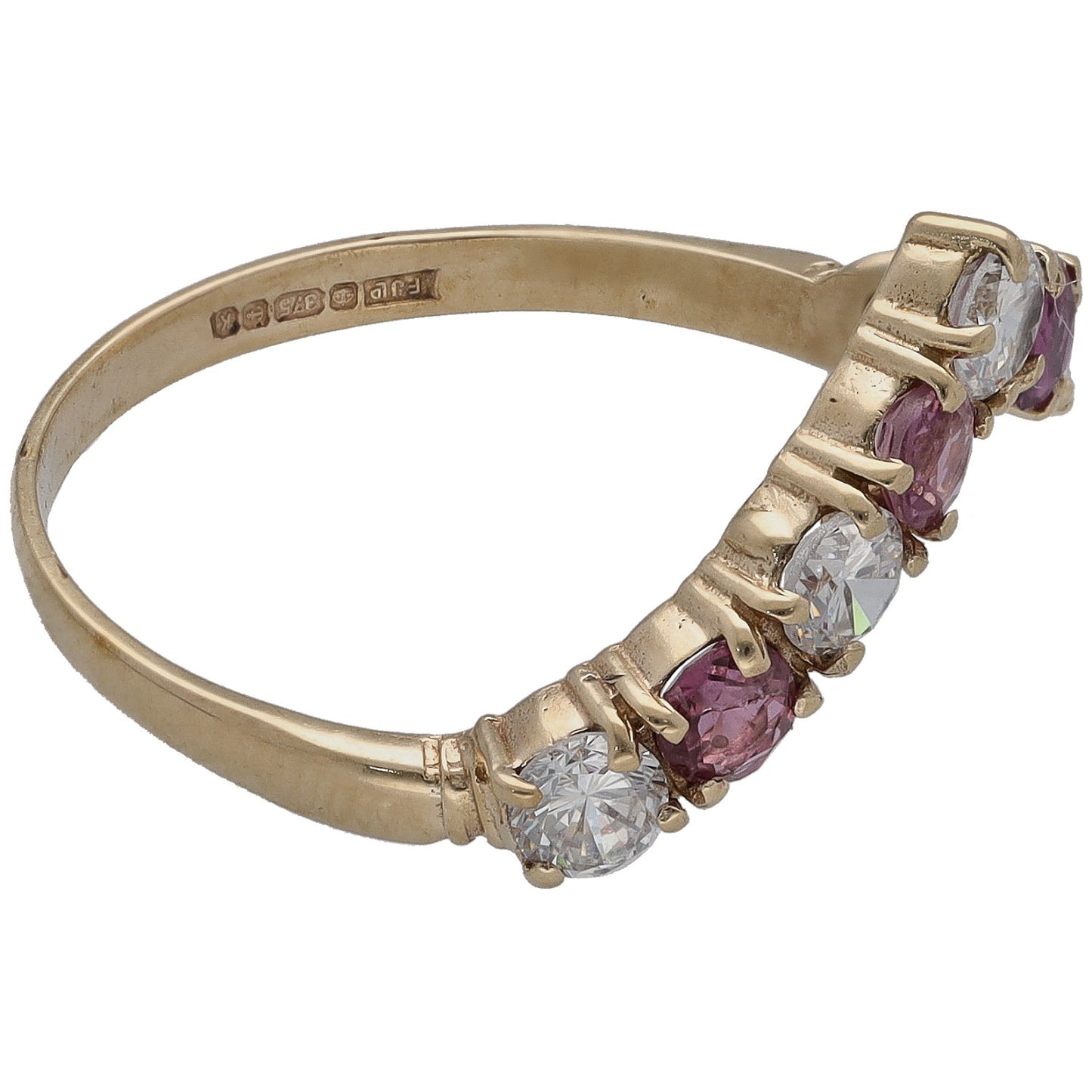 Gold wishbone ring showing inside band and prong-set purple and clear stones
