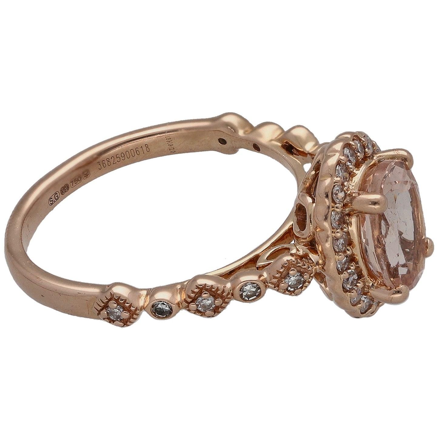 Rose gold morganite cluster ring side view with diamond accents and engraved band